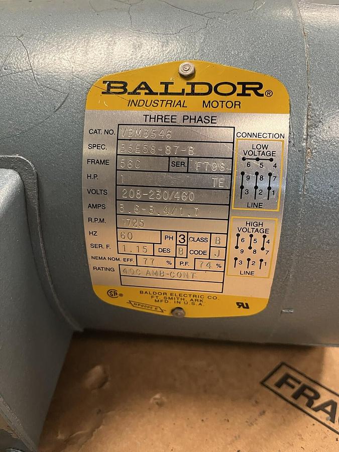 Used BALDOR,VBM3546,BRAKE MOTOR,1HP 3PH 1725RPM 56C