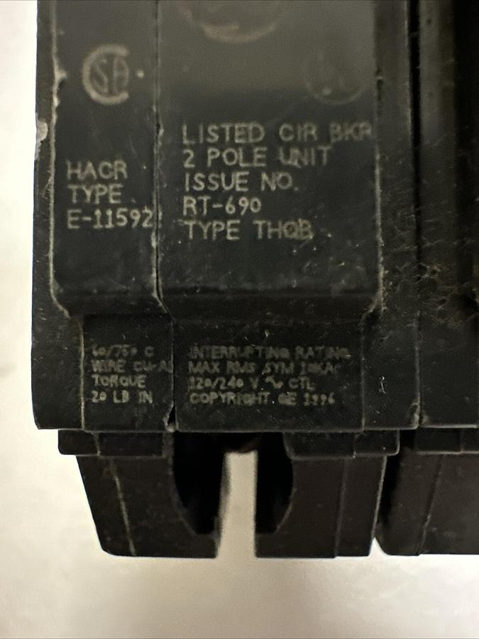 Used GE,E-11592,2 Pole 20 Amp Bolt On Circuit Breaker