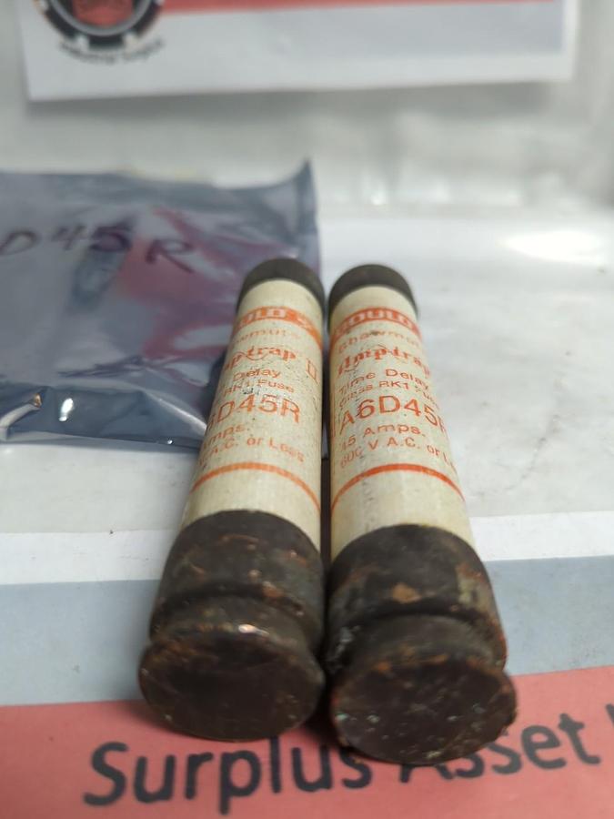 Used GOULD SHAWMUT,A6D45R,AMP-TRAP FUSE 45 AMP LOT OF 2 PRE-OWNED