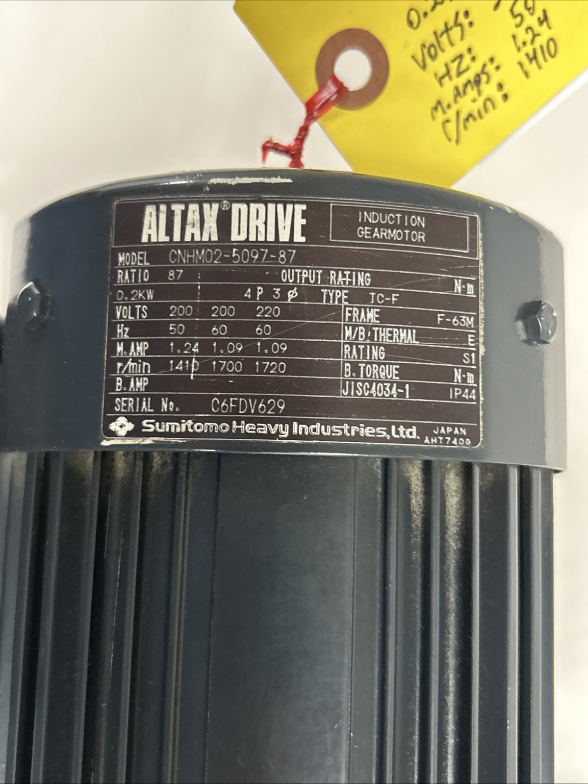 Used ALTAX,CNHM02-5097-87,GEAR MOTOR 0.2KW 200/220V 1410/1720RPM F-63M FRAME
