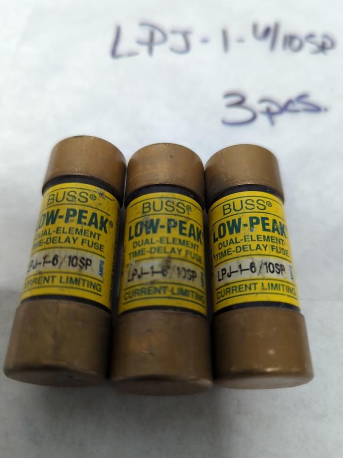 Used COOPER BUSSMANN,LPJ-1-6/10SP,LOW-PEAK 1-6/10 AMP FUSES LOT OF 3 PRE-OWNED