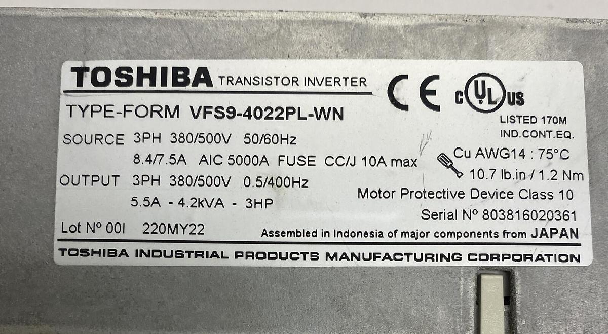 Used TOSHIBA,VFS9-4022PL-WN,TRANSISTOR INVERTER AC DRIVE