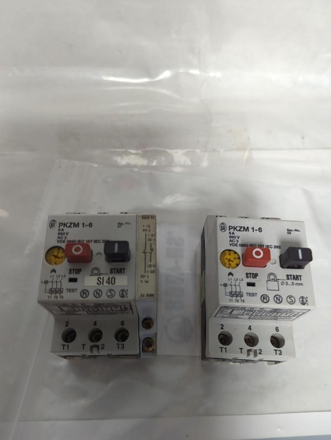 Used MOELLER,PKZM 1-6,MOTOR STARTER/CIRCUIT BREAKER 3-POLE 6A 660V LOT OF 2 PRE-OWNED