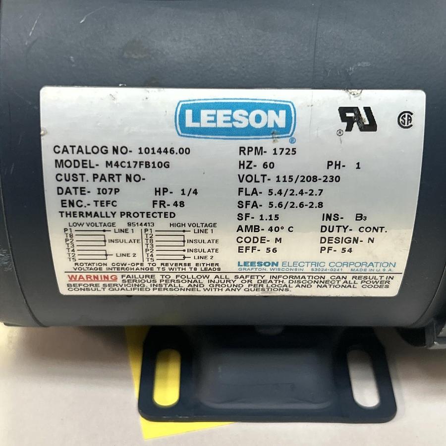 Used LEESON,101446.00,MOTOR 1/4HP 115/208-230V 1725RPM 1PH 48 FRAME