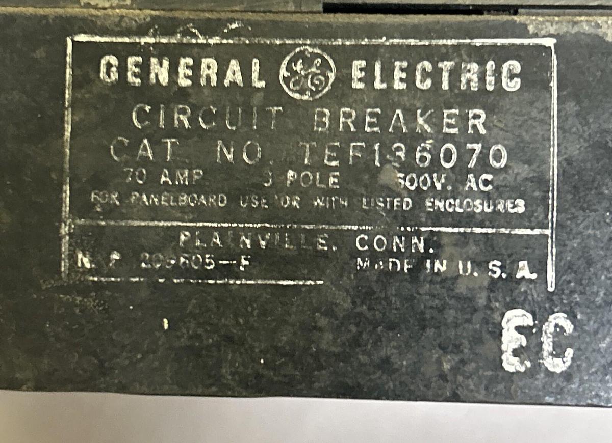 Used GENERAL ELECTRIC,TEF136070,CIRCUIT BREAKER 70A 600V 3P