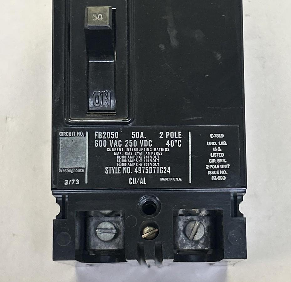 Used WESTINGHOUSE,FB2050,CIRCUIT BREAKER 50A 600V 2P