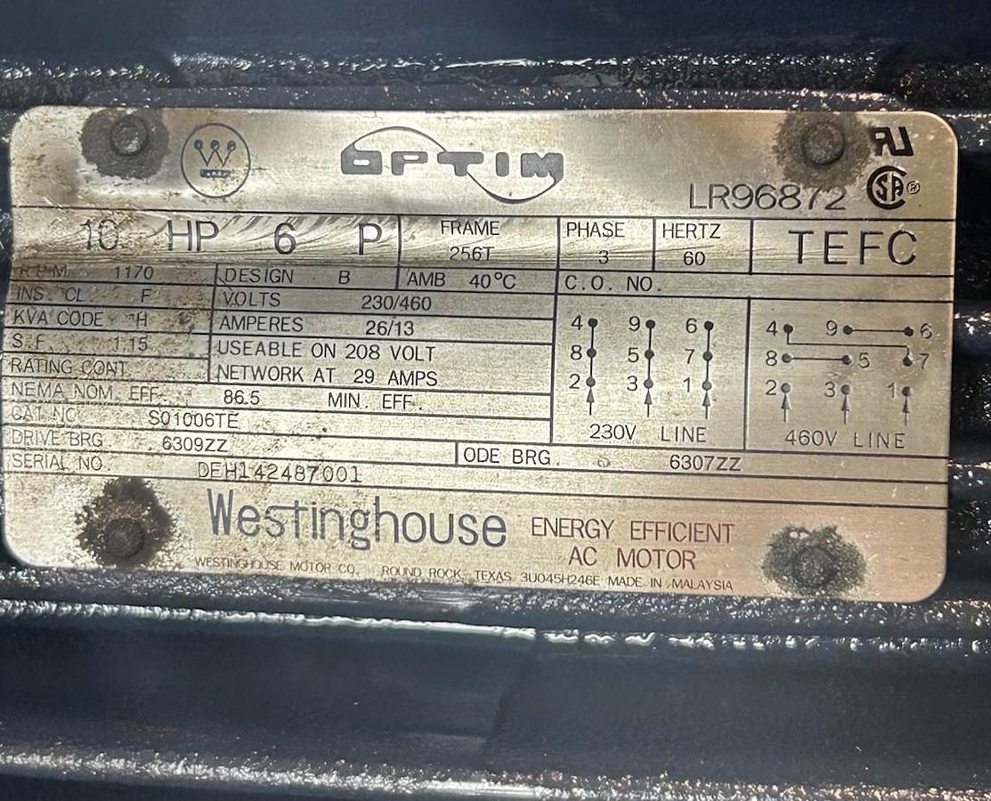 Used WESTINGHOUSE,S01006TE,MOTOR 10HP 1170RPM 230/460V 3PH 256T FRAME
