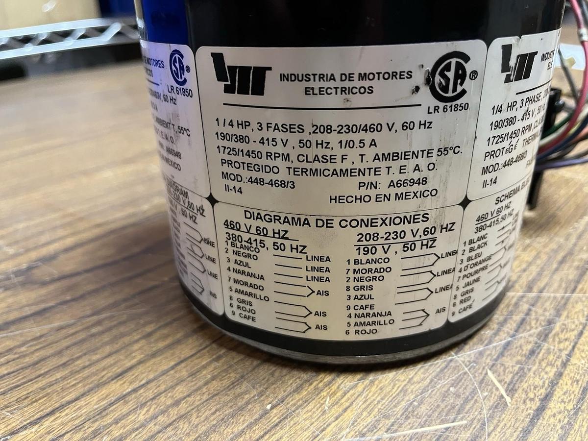 Used INDUSTRIA DE MOTORES,A66948,MOTOR 1/4HP 230/460V 3PH 1725RPM 3PH