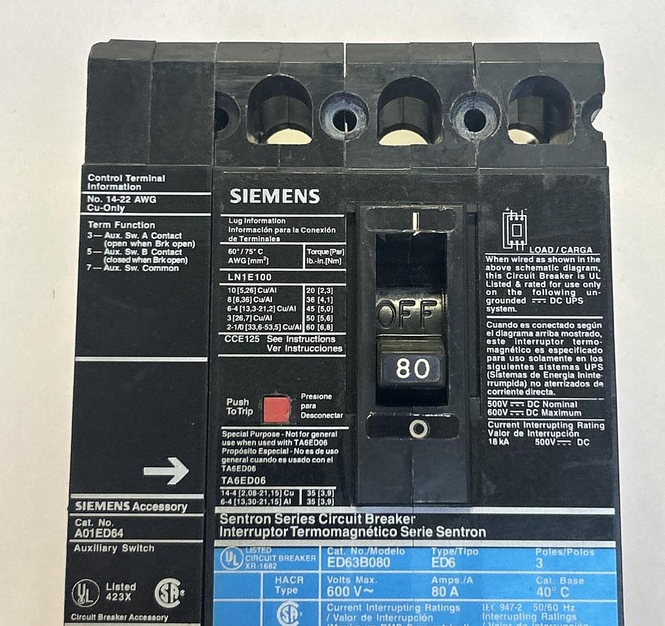 Used SIEMENS,ED63B080,CIRCUIT BREAKER 80A 600V 3P