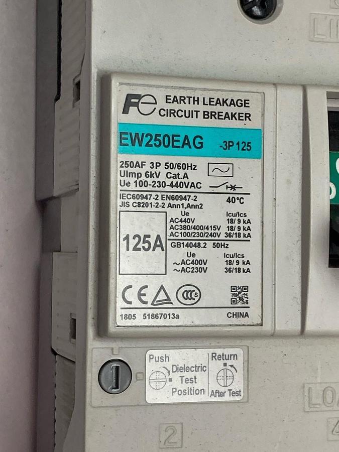 Used Fuji Electric,EW250EAG,3-Phase Earth Leakage Circuit Breaker 125A 100-230-440V