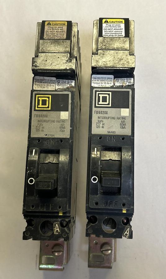 Used SQUARE D,FH16020A,I-LINE CIRCUIT BREAKER 20A 277V 1P LOT OF 2