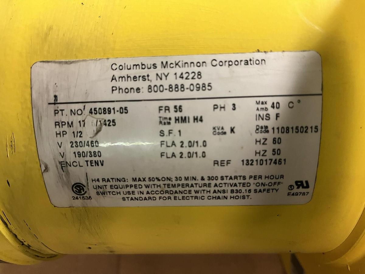 Used BUDGIT,BEHC5016,1/2 M TON ELECTRIC HOIST 16FPM 460V 3PH 10FT CHAIN