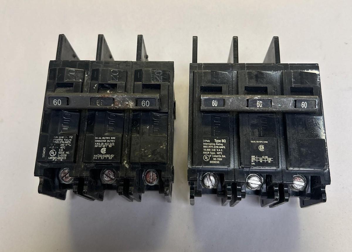 Used SIEMENS,BQ3B060,CIRCUIT BREAKER 60A 240V 3P LOT OF 2