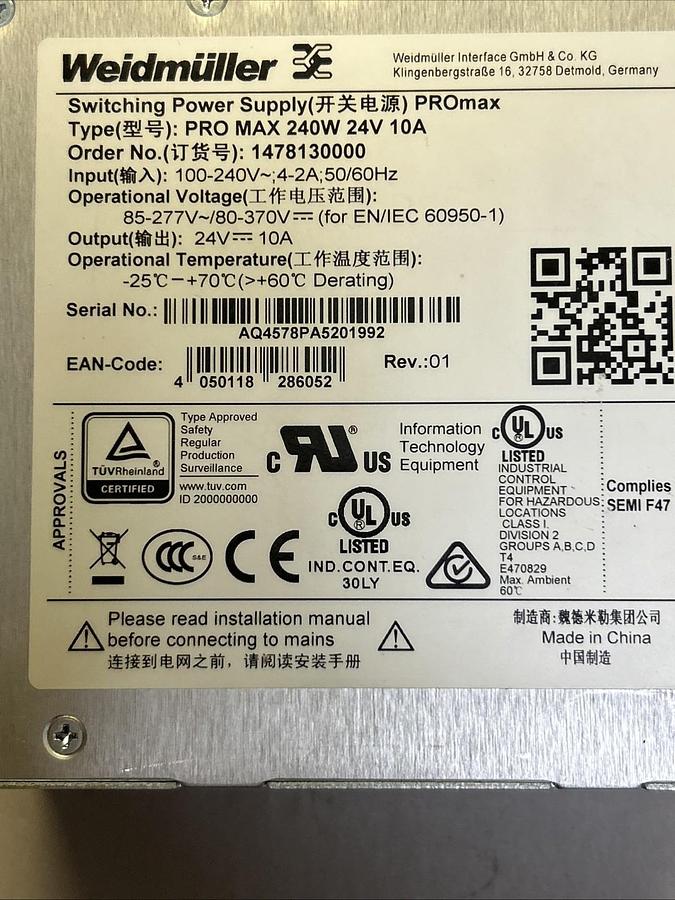 Used WEIDMULLER,1478130000,SWITCHING POWER SUPPLY 240W 24V 10A