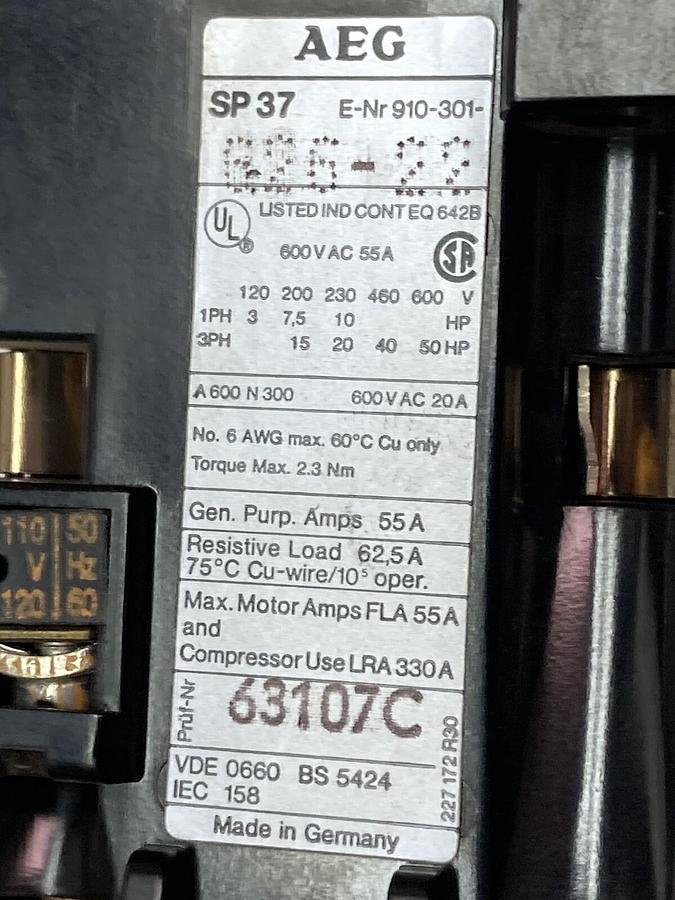 AEG,SP37,Contactor Block 600Vac 55A