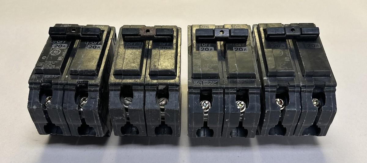 Used GENERAL ELECTRIC,THQB220,CIRCUIT BREAKER 20A 120/240V 2P LOT OF 4