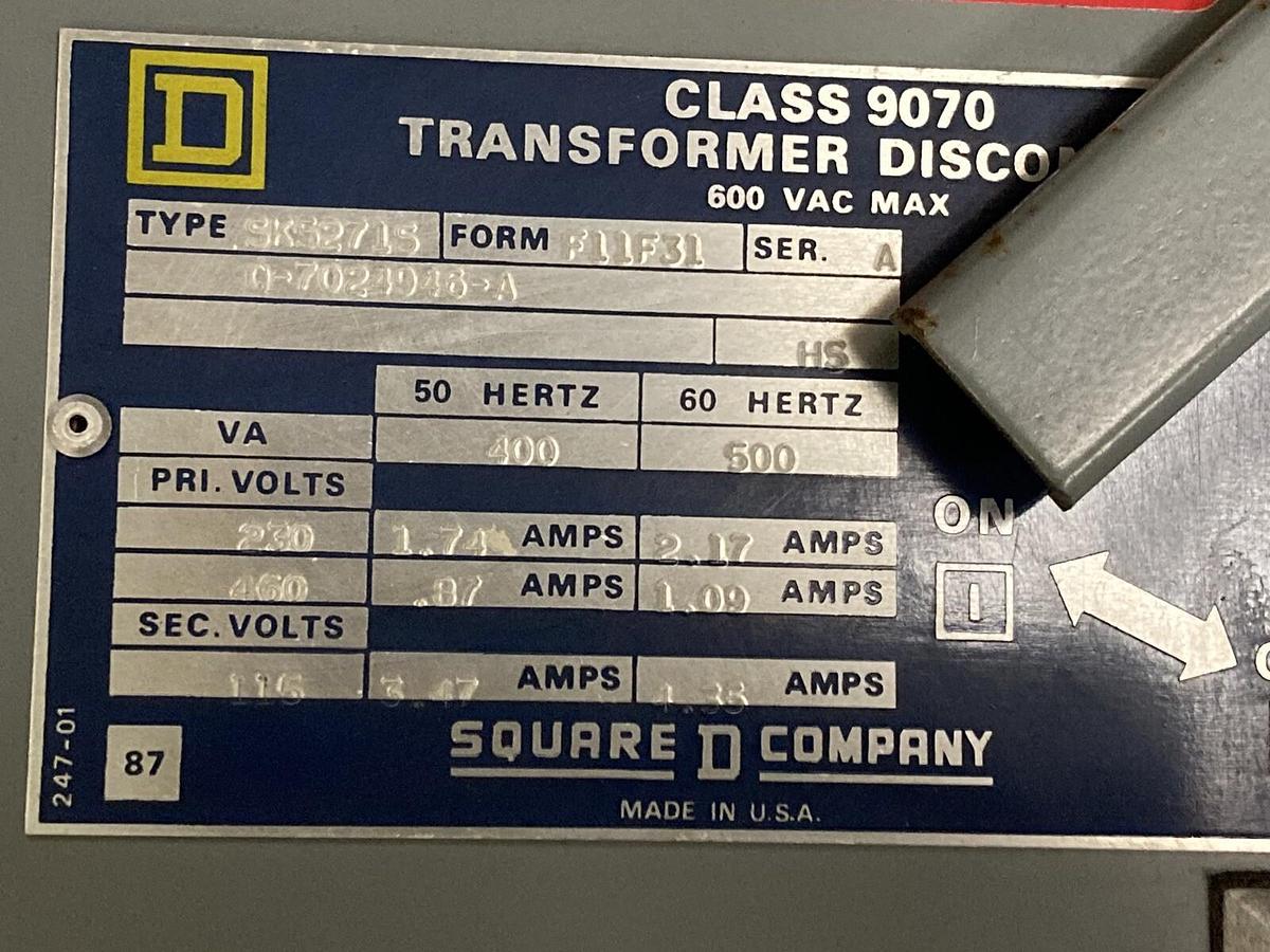 Used Square D,SK5271S,Ser A Transformer Disconnect Switch 230/460/115 VAC