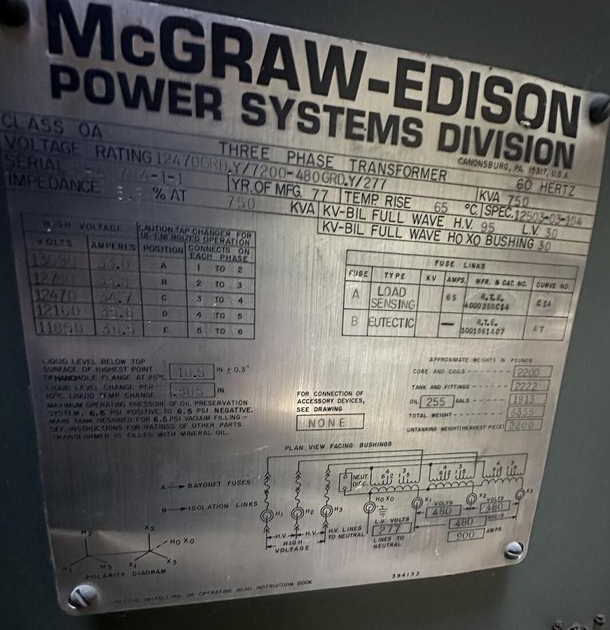 Used McGraw-Edison,Padmount Transformer,750 KVA 12470GRDY/7200-480GRDY/277