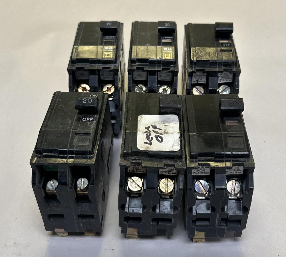 Used SQUARE D,QO220,CIRCUIT BREAKER 20A 120/240V 2P LOT OF 6