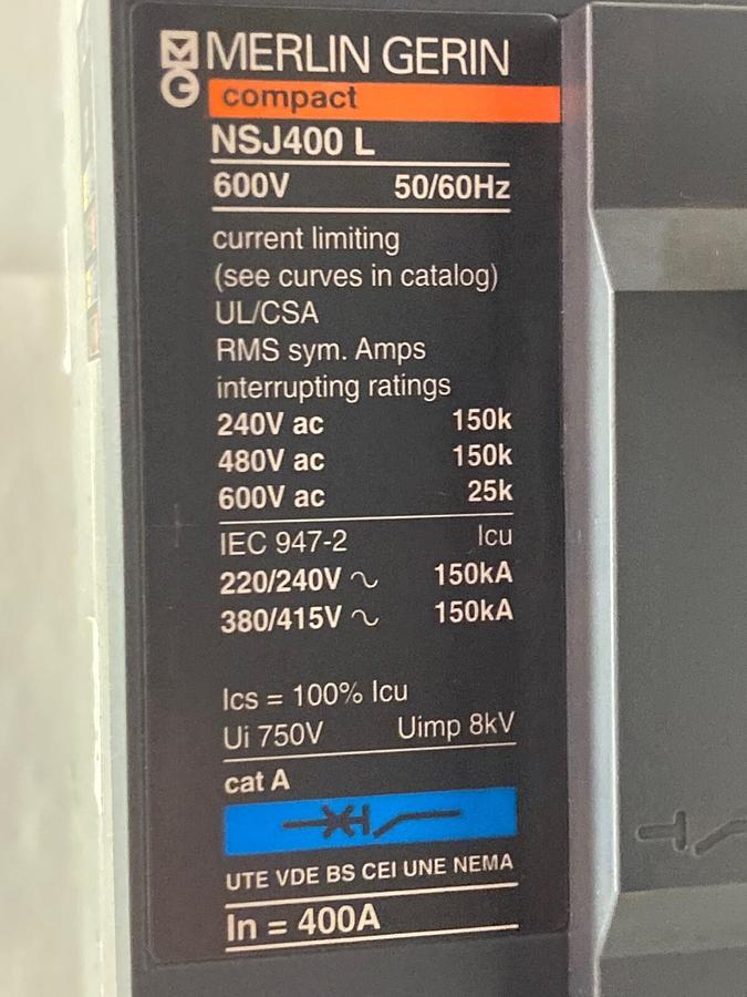 Used Merlin Gerin Compact,NSJ400 L,Circuit Breaker Trip Unit & Base 600V 50/60Hz