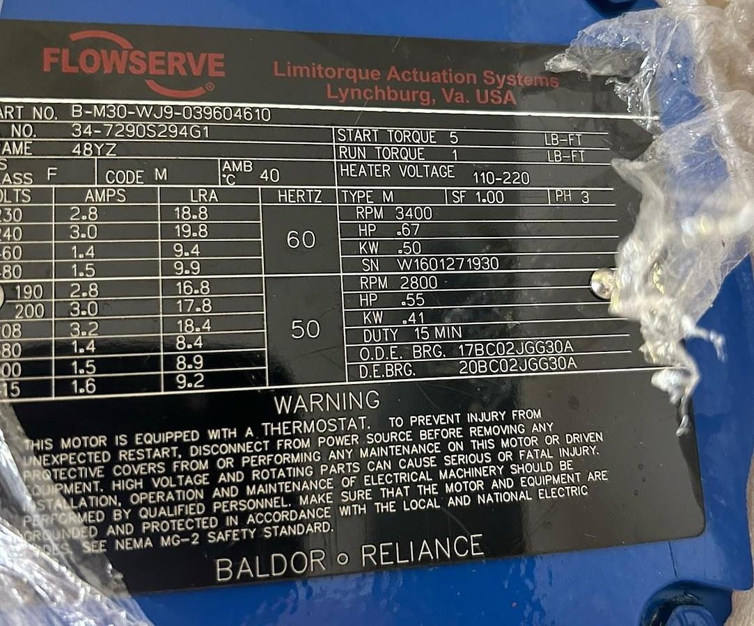 FLOWSERVE,B-M30-WJ9-039604610,AC MOTOR .67HP 3400RPM 48YZ FRAME NOS