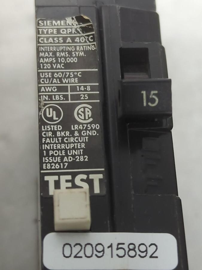 Used SIEMENS,QF115,CIRCUIT BREAKER GROUND FAULT 15 AMP 1-POLE LOT OF 4 PRE-OWNED