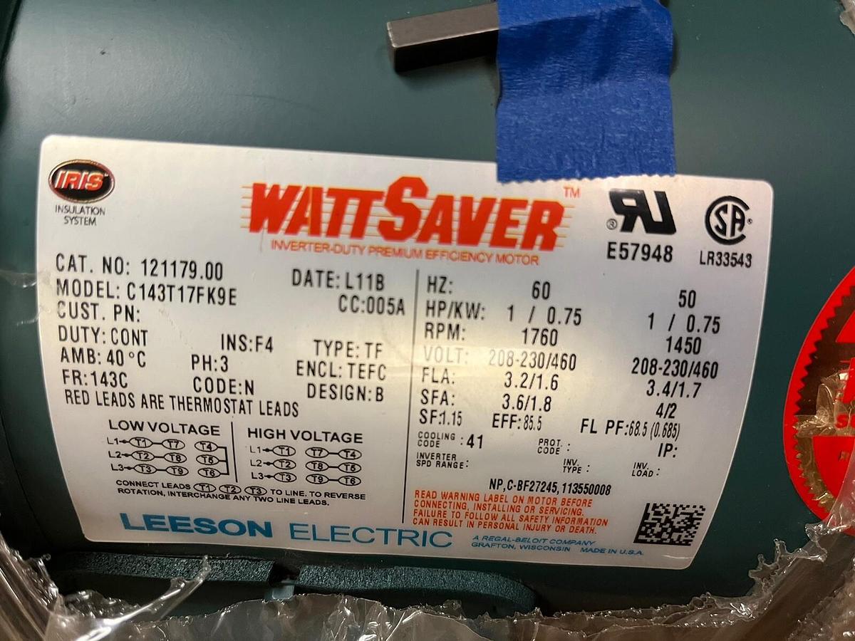 Used LEESON,121179.00,WATTSAVER MOTOR 1HP 1760RPM 3PH 143C