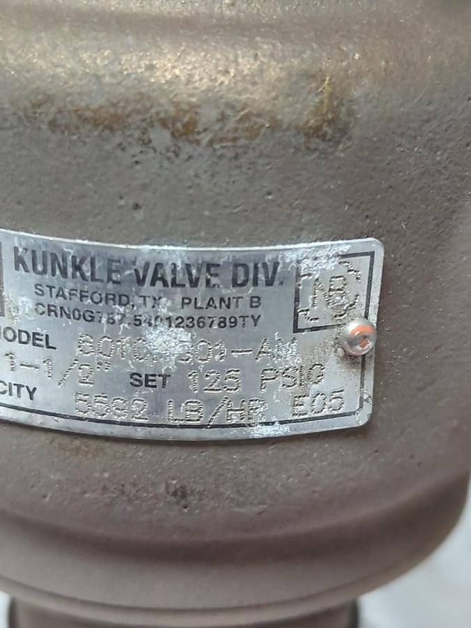 KUNKLE,6010HG01-AM,SAFETY RELIEF VALVE 125PSI 1-1/2 INCH NOS