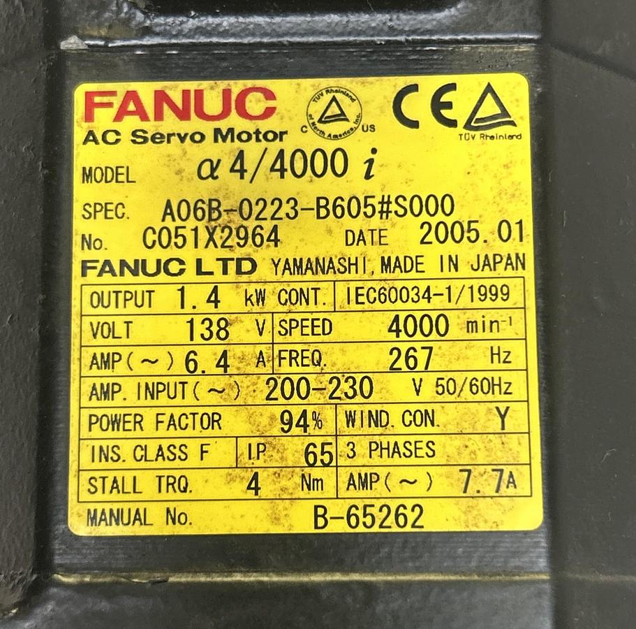Used FANUC,A06B-0223-B605#S000,AC SERVO MOTOR 4000RPM 200-230V 3PH