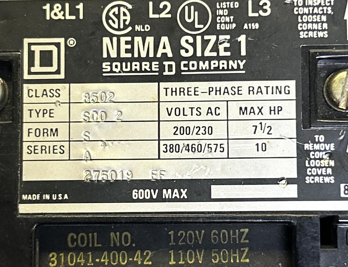Used SQUARE D,8502SC02,CONTACTOR NEMA SIZE 1