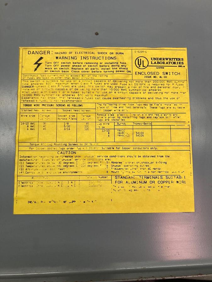 Used Westinghouse,HFN461,Disconnect Safety Switch