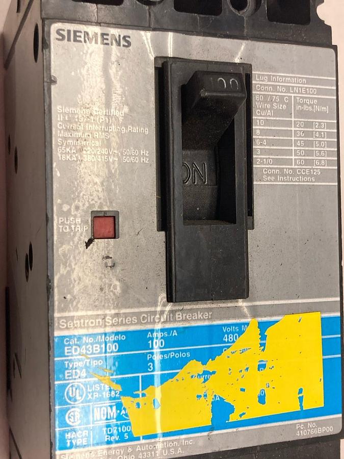 Used Siemens,ED43B100,Bolt-On Circuit Breaker 100A 480V