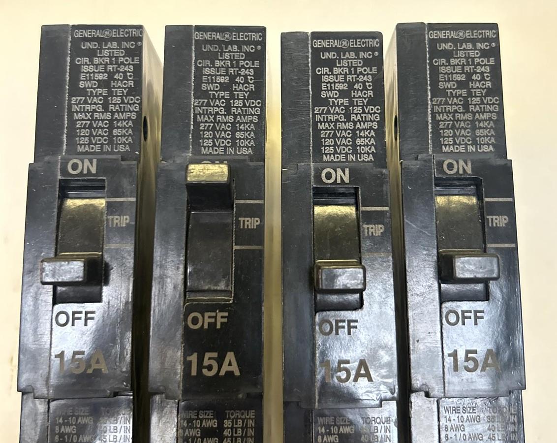 Used GENERAL ELECTRIC,TEY115,CIRCUIT BREAKER 15A 277V 1P LOT OF 4