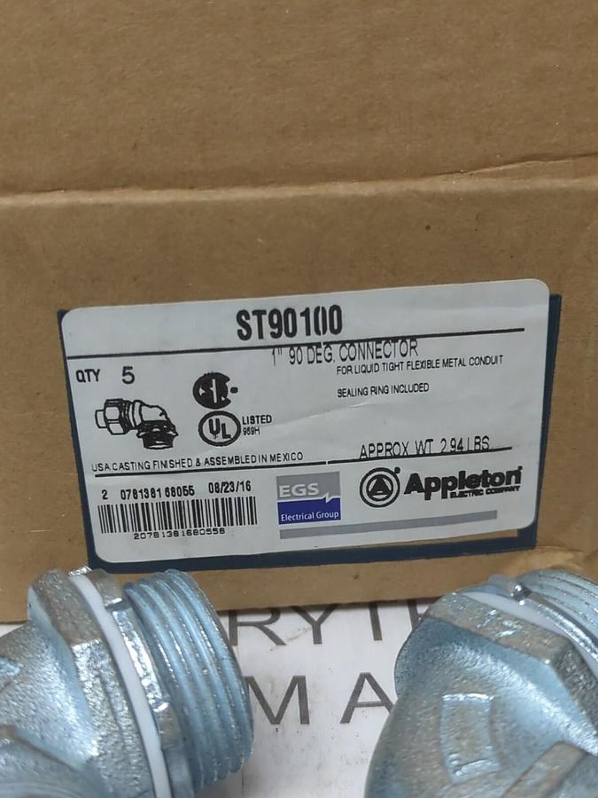 APPLETON,ST90100,1 INCH 90 DEG LIQUID TIGHT CONDUIT CONNECTORS BOX OF 5 NEW