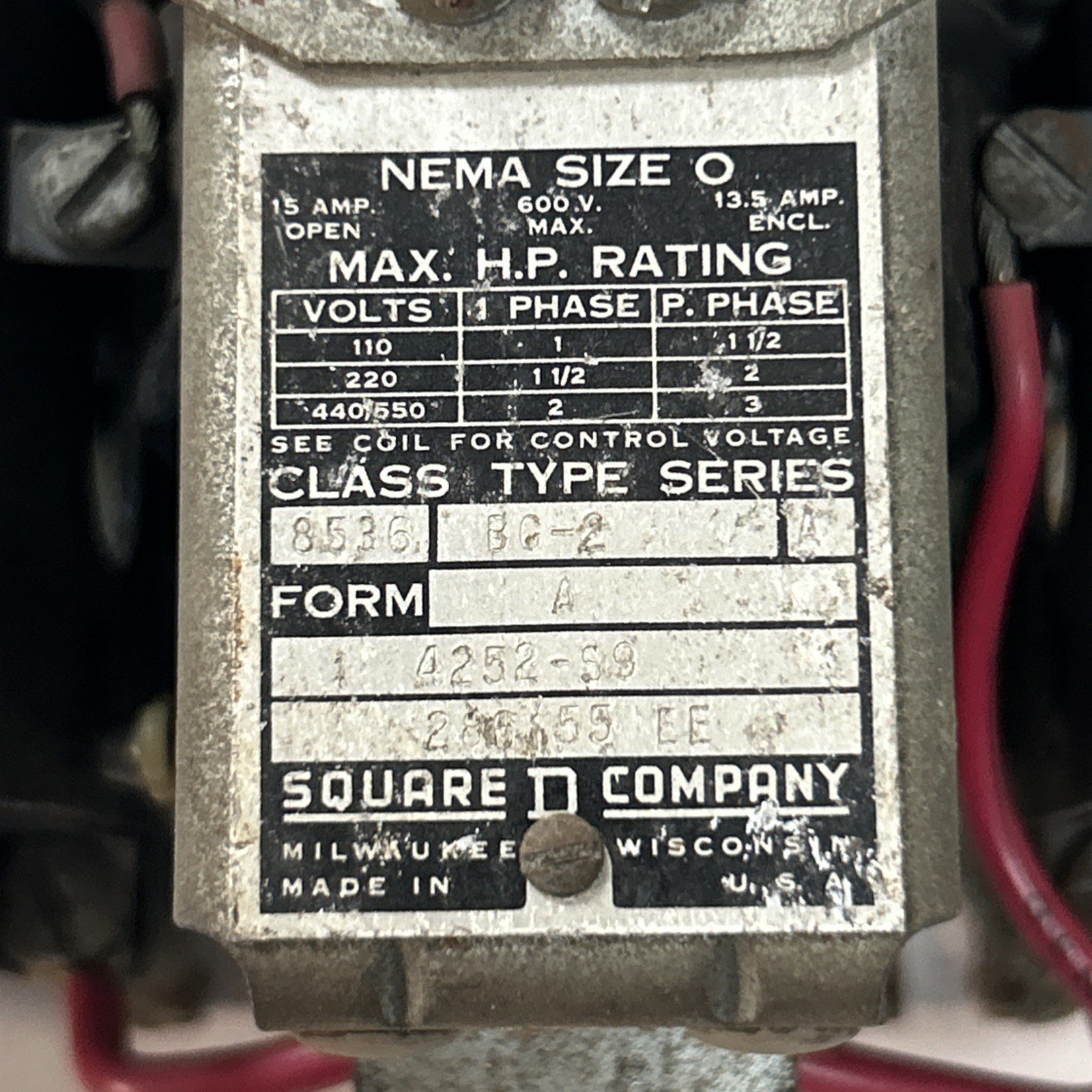 Used SQUARE D,8536-BG2,MOTOR STARTER SIZE 0 15A 600V