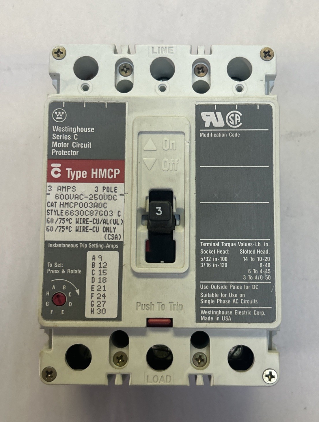 Used CUTLER-HAMMER,HMCP003A0C,CIRCUIT BREAKER 3A 600V 3P