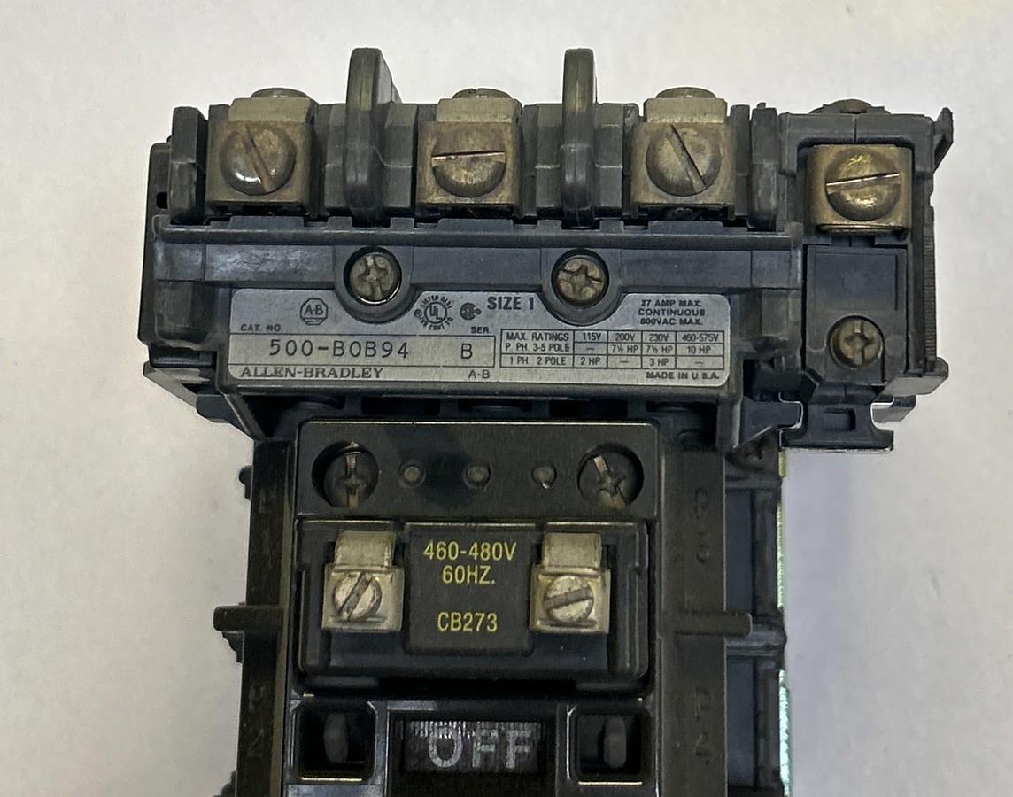 Used ALLEN BRADLEY,500-BOB94,CONTACTOR SIZE 1 27A 600V