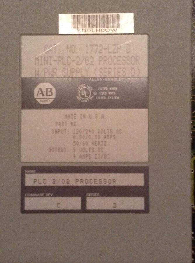 Allen-Bradley,Mini PLC 2/02,Processor with Power Supply 1772-LZP Series D