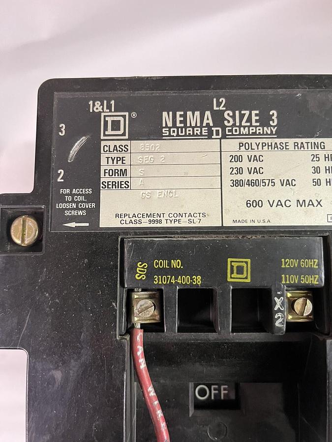 Used SQUARE D,8502SEG2S,SIZE 3 STARTER CONTACTOR COIL 120V