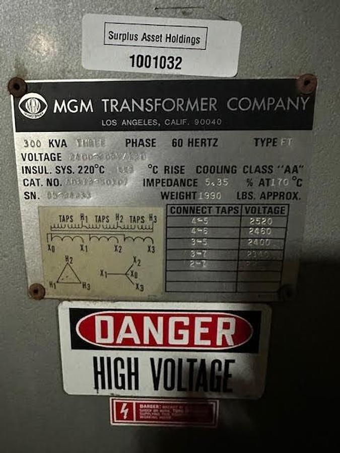 Used MGM,300KVA 3 Phase Dry Type Transformer HV 2400 LV 208Y/120 60 Hz