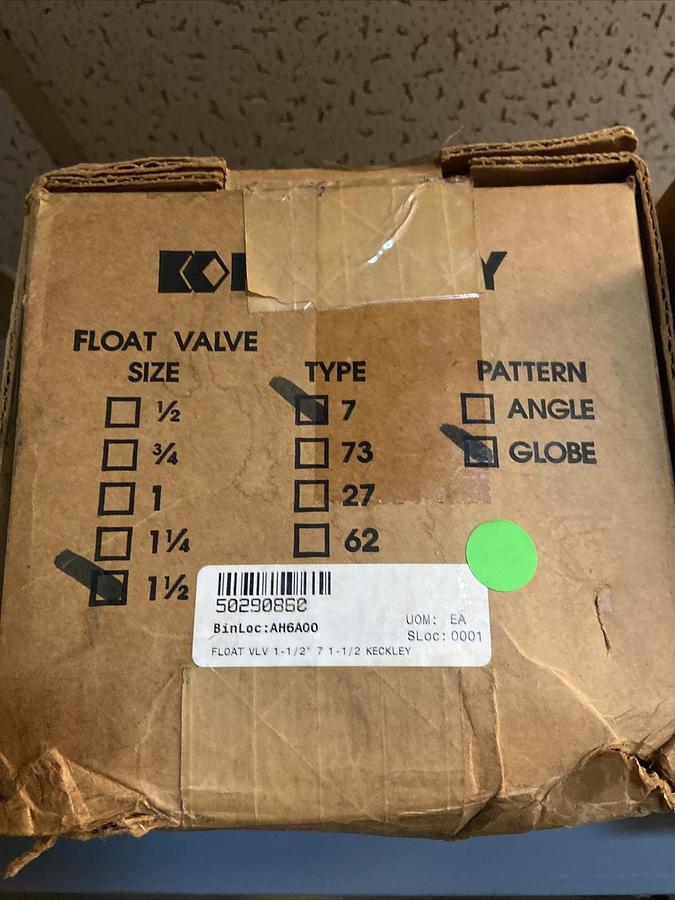 Used Keckley,TYPE 7, Size 1-1/2 INCH Float Valve Type 7 Pattern Globe New in Box