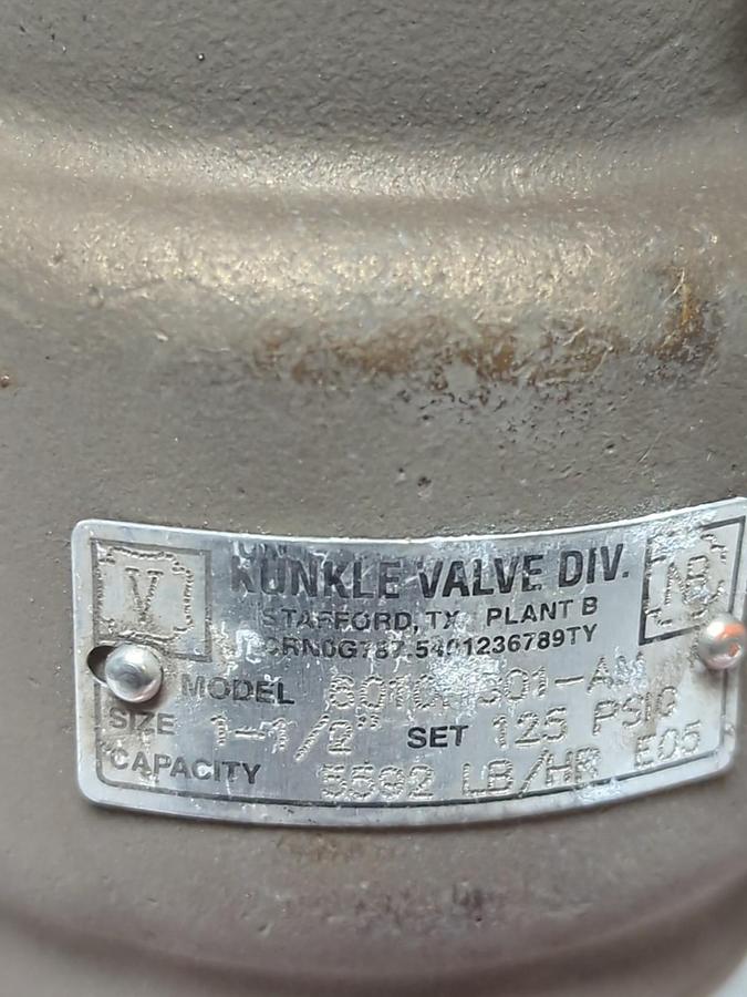 KUNKLE,6010HG01-AM,SAFETY RELIEF VALVE 125PSI 1-1/2 INCH NOS