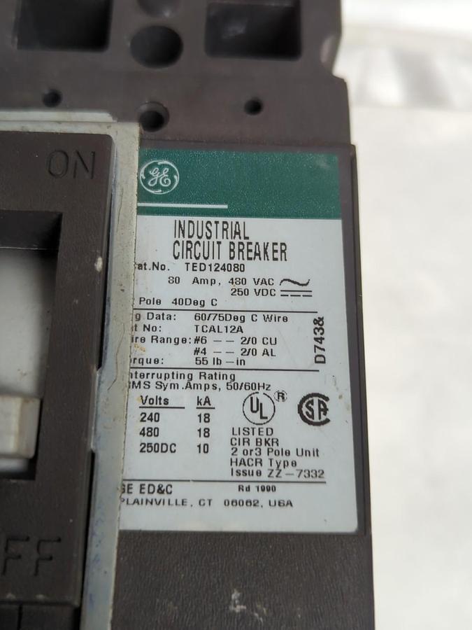 Used GE,TED124080,CIRCUIT BREAKER 2-POLE 80 AMP PRE-OWNED