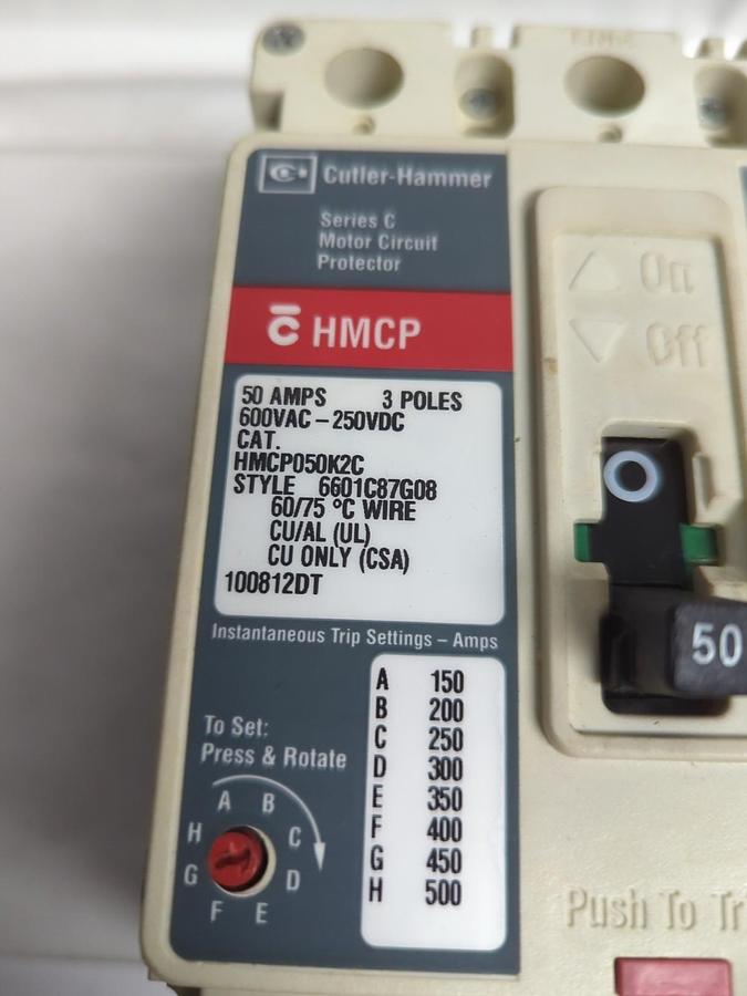 Used CUTLER HAMMER,HMCP050K2C,MOTOR CIRCUIT PROTECTOR 50 AMP 3-POLE PRE-OWNED