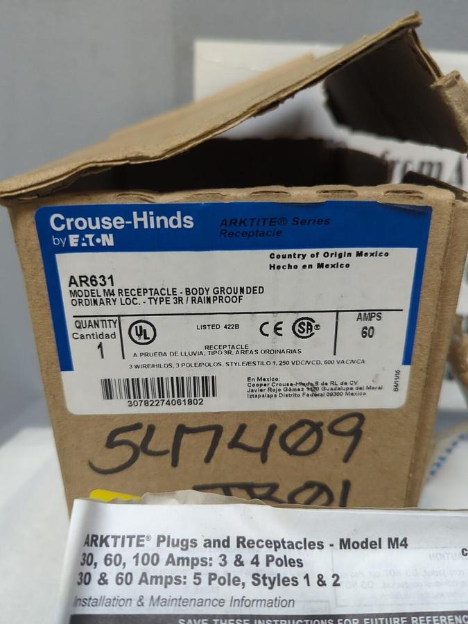 EATON CROUSE-HINDS,AR631,MODEL M4 TYPE 3R 60 AMP RECEPTACLE NOS