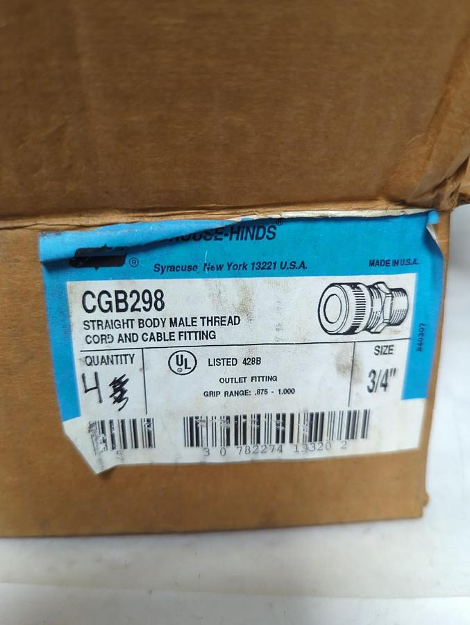 CROUSE HINDS,CGB298,STRAIGHT BODY MALE THREAD CORD & CABLE FITTING 3/4 IN 4 PC