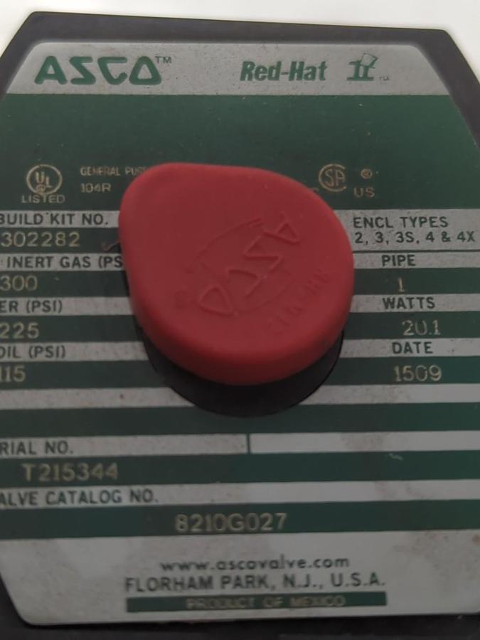 ASCO,8210G027,SOLENOID VALVE 1 INCH PIPE 20.1 WATTS NOS