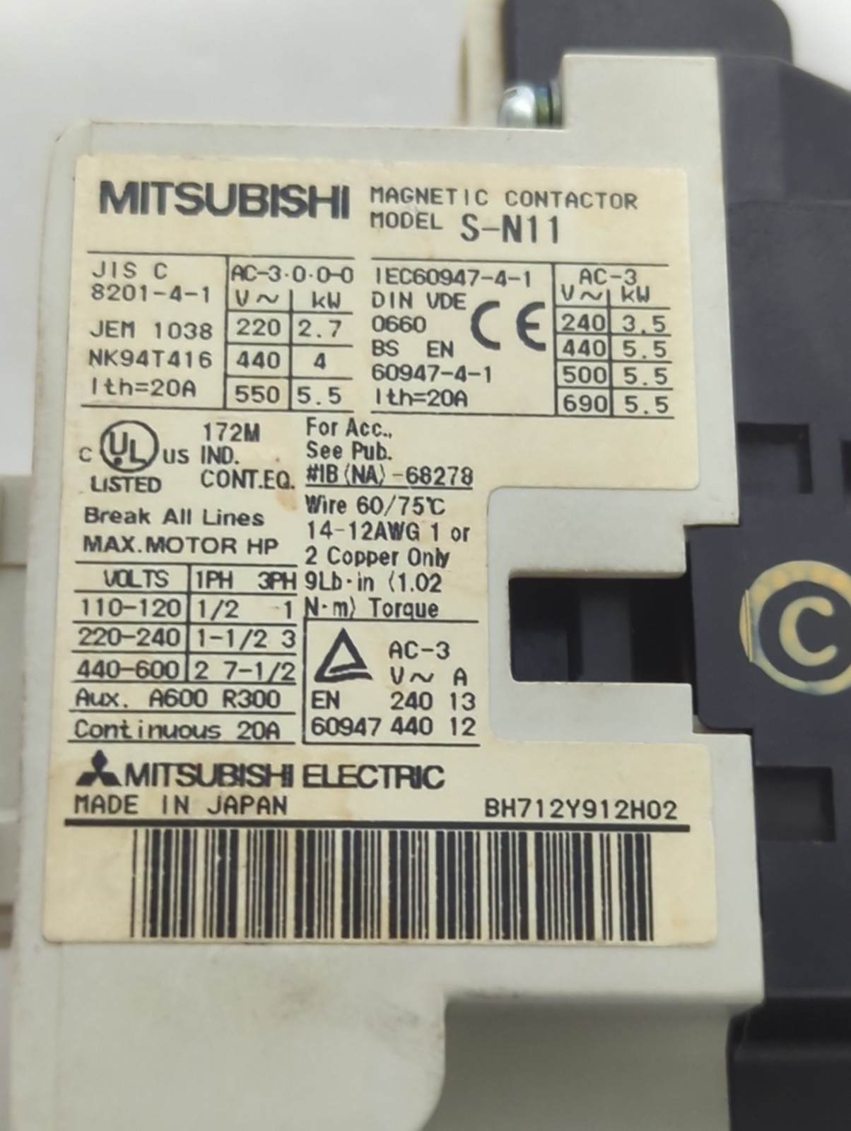 Used MITSUBISHI,S-N11,CONTACTOR WITH TH-N12KP RELAY PRE-OWNED