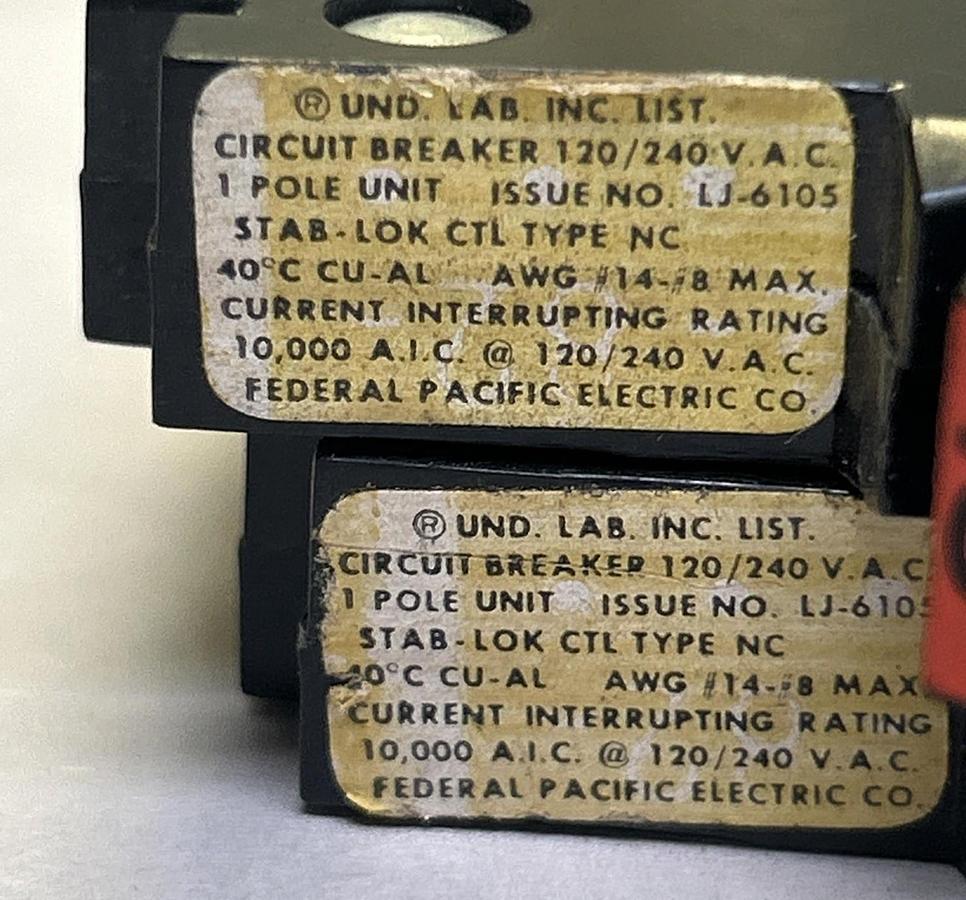 Used FEDERAL PACIFIC,NC-NI115,CIRCUIT BREAKER 15A 120/240V 1P LOT OF 2