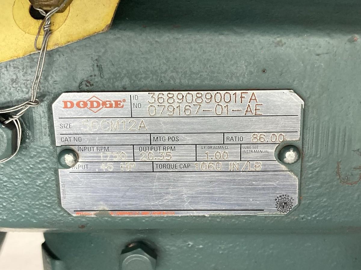 Dodge,56CM12A,Speed Reducer Gearbox 0.46Hp 1750rpm Ratio 86.00